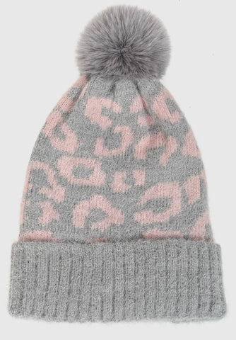 Pink Leopard Pom Beanie