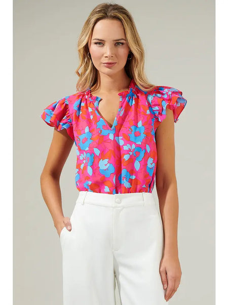 Floral Ruffle Sleeve - Fuschia
