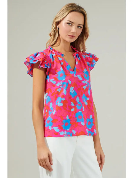 Floral Ruffle Sleeve - Fuschia