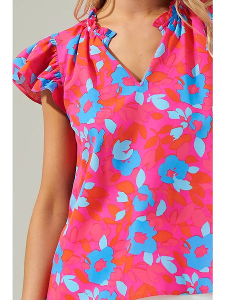 Floral Ruffle Sleeve - Fuschia