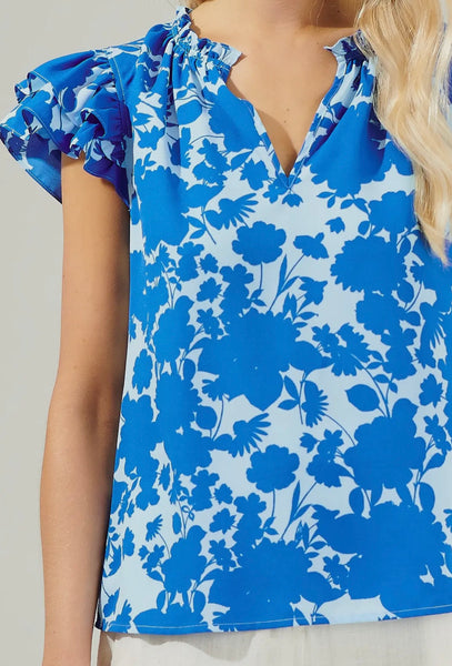 Floral Ruffle Sleeve- Royal Blue