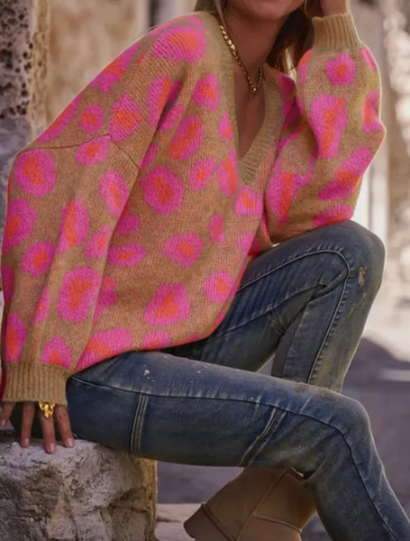 Slouchy V-Neck Leopard Sweater