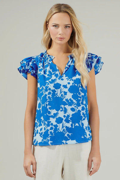 Floral Ruffle Sleeve- Royal Blue