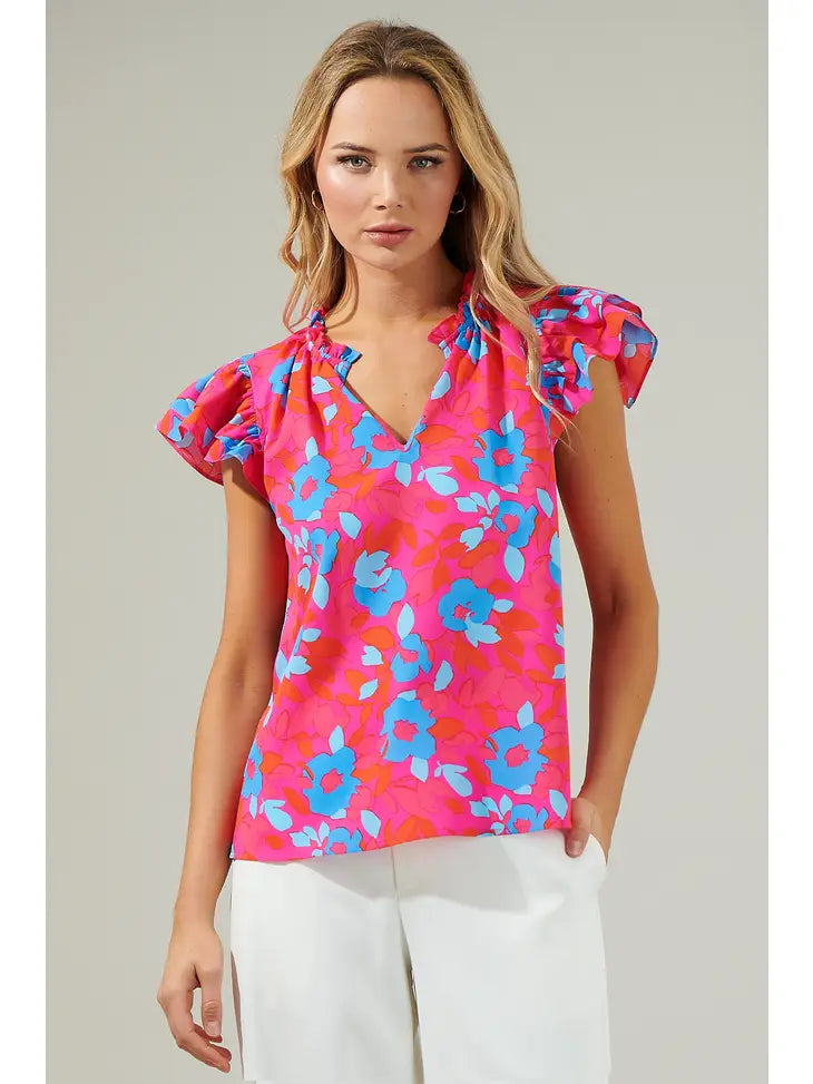 Floral Ruffle Sleeve - Fuschia