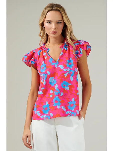 Floral Ruffle Sleeve - Fuschia