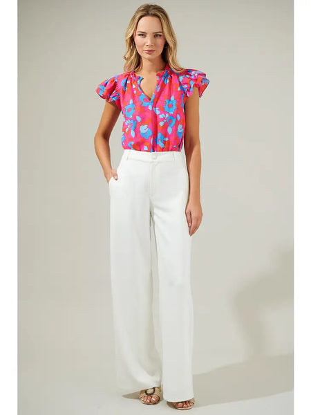 Floral Ruffle Sleeve - Fuschia