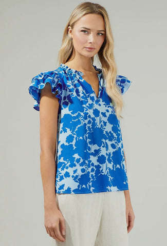 Floral Ruffle Sleeve- Royal Blue