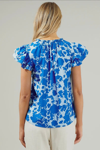 Floral Ruffle Sleeve- Royal Blue