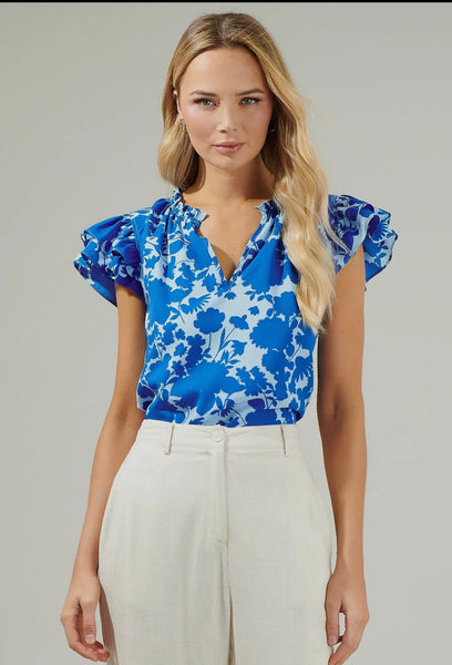 Floral Ruffle Sleeve- Royal Blue