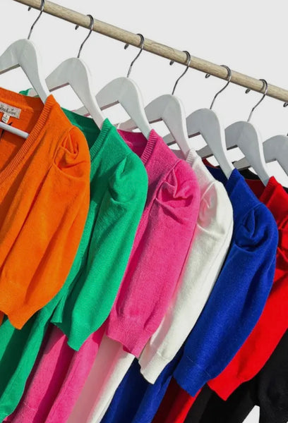 Red V-Neckline Puff Sleeve Sweater