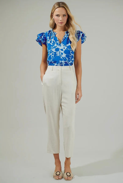 Floral Ruffle Sleeve- Royal Blue