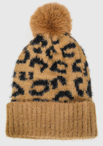 Tan/Black Leopard Pom Beanie
