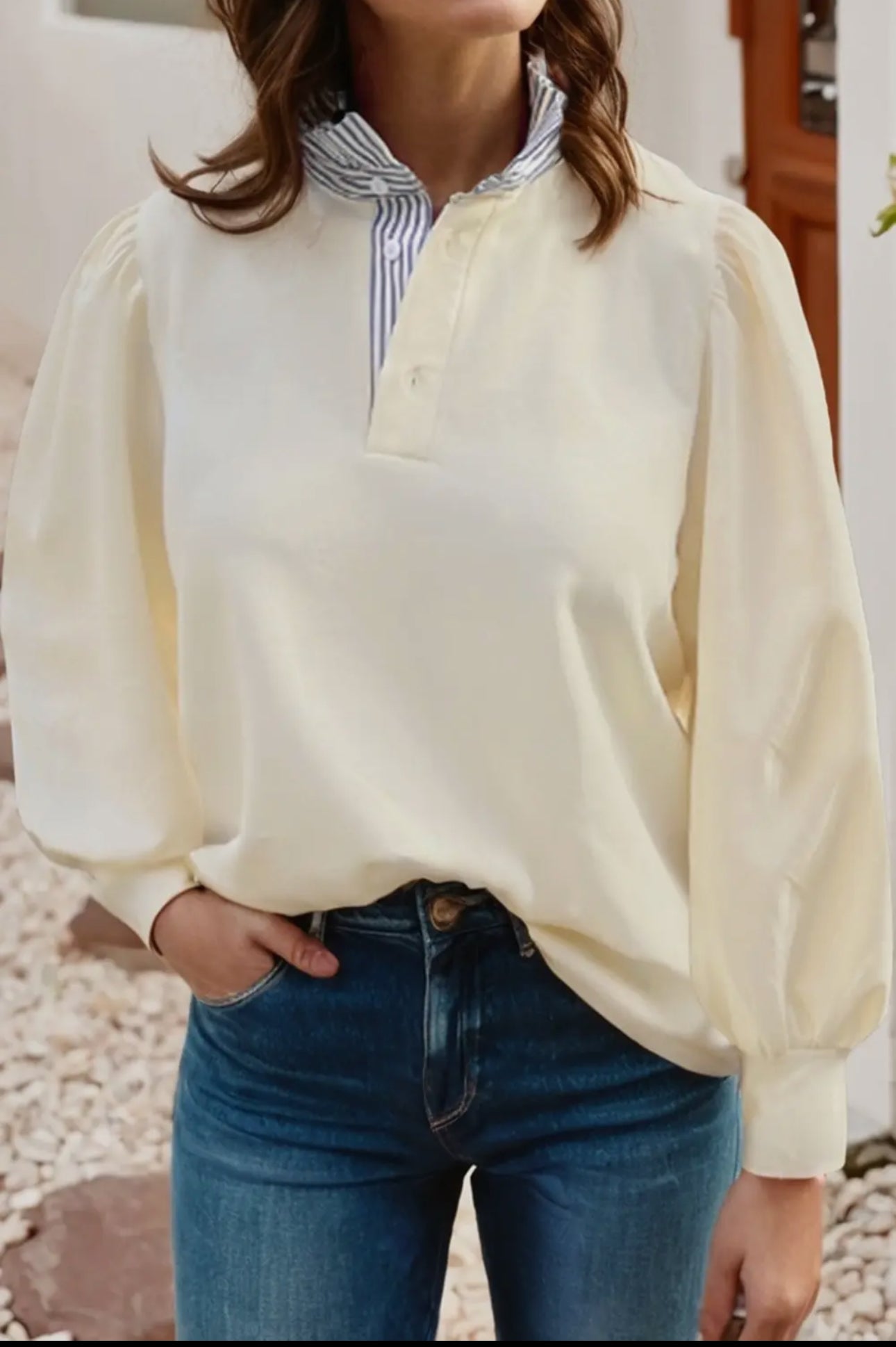 Striped Neck Ruffle Shirt